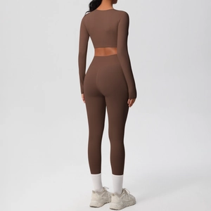 Detailed back view of a coffee brown long-sleeve crop top and high-waist yoga legging set