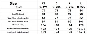 Detailed size chart for lace satin dress showing measurements from size XS to L