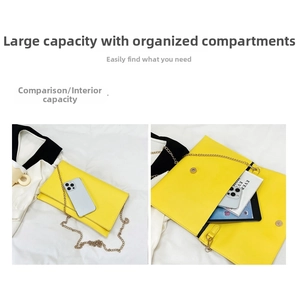 Detailed view of the yellow crossbody bag interior showing large capacity and compartments