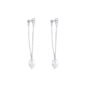 Macro detail of elegant silver chain pearl earrings with polished white pearl droplets