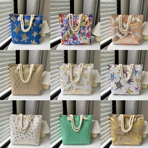 Large Capacity Canvas Tote Bag With Braided Rope Handle Tropical Print Summer Beach Travel Handbag For Women