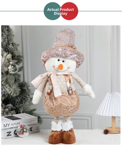 Close-up of telescopic snowman doll with pink sequin hat and festive knitted outfit