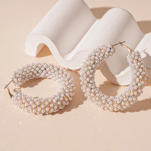 French style hoop earrings with imitation pearls and sparkling rhinestones for women