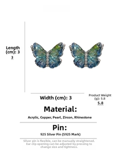 Detailed view of 3x3cm butterfly stud earrings with dimensions and 925 silver pin