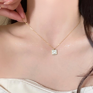 Elegant gold square smiley face pendant necklace with white shell inlay for women