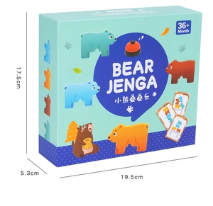Detailed view of the wooden bear stacking game box with product dimensions 19.5x17.5cm