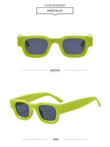 Detailed views showing the front and side of vintage green square frame sunglasses