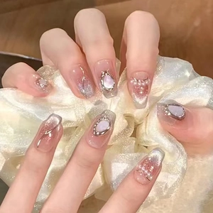 Handmade Press On Nails Pink Gradient Silver Cat Eye Magnetic Faux Artificial Pearl Rhinestone Decor Long Ballet Style