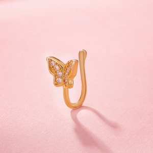 Elegant rose gold butterfly fake nose ring with pink zircons and non-piercing U-clip