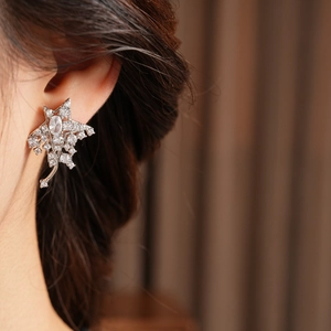 Detailed close-up of a zircon star earring worn by a model in a luxury silver finish