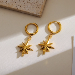 Elegant gold plated S925 silver eight-pointed star drop earrings on textured stone