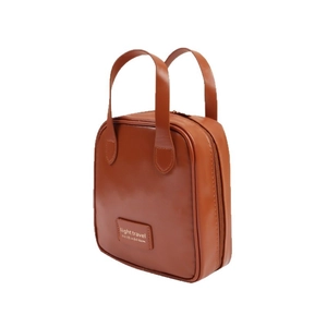 Large capacity PU shell makeup bag in vintage brown with double handles and zipper