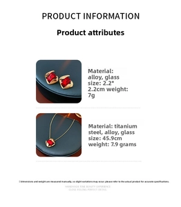 Macro detail of red gemstone necklace and earrings set with specific size and weight data