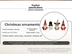 Spécifications détaillées de quatre pendentifs de Noël tricotés avec dimensions et poids