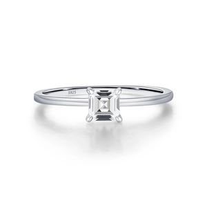 Minimalist S925 sterling silver ring featuring a square-cut moissanite stone on white background