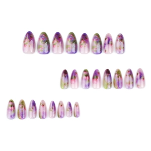 Faux ongles amande courts avec motif lotus peinture à l'huile violet et vert dégradé
