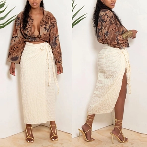 Women High Waist Popcorn Fabric Wrap Midi Skirt Side Slit Tie Front Textured Street Style Solid Color Fashion
