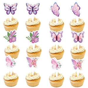 Detailed set of twelve purple butterfly cake toppers for spring party table decoration