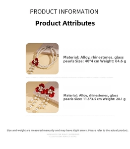 Detail view of red flower necklace and earrings set with crystal and white pearls