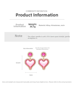 Detailed spec sheet showing pink resin heart earrings size 6.5cm x 4cm with weight info