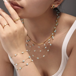 Luxury Stainless Steel Amazonite Beaded Necklace And Bracelet For Women Bohemian Gold Blade Chain Layering Jewelry