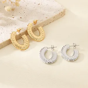 Hammered Texture C-Shape Hoop Earrings Stainless Steel Vintage Geometric Gold Silver Tone Jewelry For Women