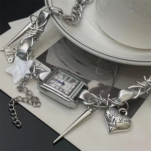 Y2K punk style star rivet watch necklace with silver metal charms and heart pendant