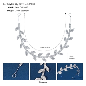 Détail du bandeau de mariée à feuilles de strass avec longueur 28cm et poids de 17g