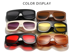 Detailed color display of large square sunglasses in multiple fashion frame options