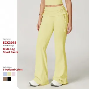 Women High Waist Flare Yoga Pants Ruched Side Drawstring Nude Feeling Sporty Trousers Gym Fitness Running Leggings