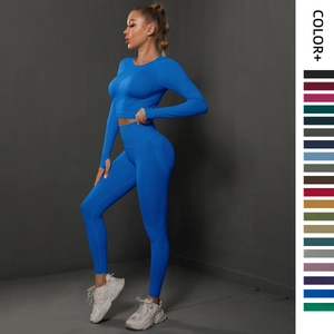 Women Seamless Yoga Top And Bottom Long Sleeve Crop Top High Waist Leggings Peach Lift Fitness Sportswear Gym Workout Outfit