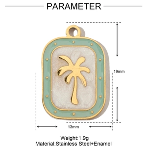 Detail of coconut tree pendant with green enamel border and dimensions 19x13mm