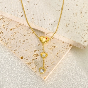 Gold stainless steel snake chain necklace with red heart stone and zircon pendants