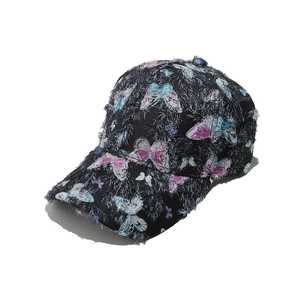 Women's black baseball cap with colorful butterfly print and distressed brushed texture