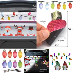 Christmas Magnetic Reflective Stickers Cartoon Santa Reindeer Snowman Bulb Decor For Car Fridge Garage Door Holiday Ornament