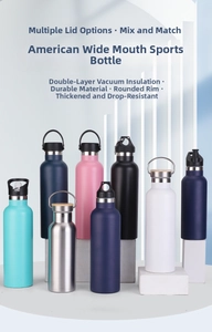 Multi-colored 304 stainless steel vacuum insulated sports bottles with various functional lids