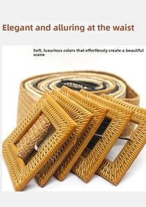 Macro detail of elastic woven belts with resin square buckles in multiple colors