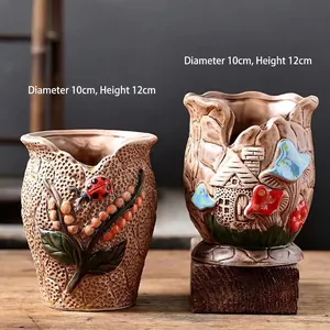 Retro relief succulent pots set with mushroom and ladybug detail, Dia: 10cm, H: 12cm