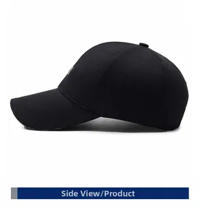 Side view of black embroidered baseball cap with adjustable structure and cotton texture