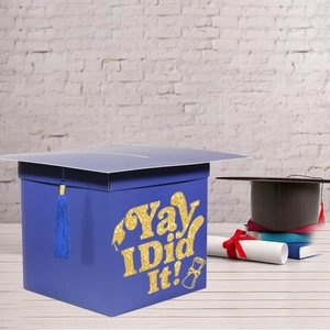 Blue graduation cap card box with gold YAY I Did It text and tassel for party decor