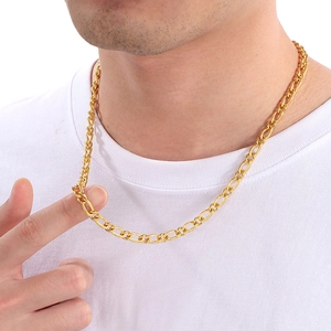 Classic gold stainless steel curb link chain necklace shown on a male model's neck