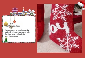 Close-up of red knitted Christmas stocking featuring white snowflake patterns and JOY lettering