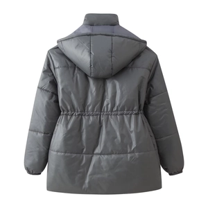 Back view of a long dark grey hooded parka with quilted texture and drawstring waist