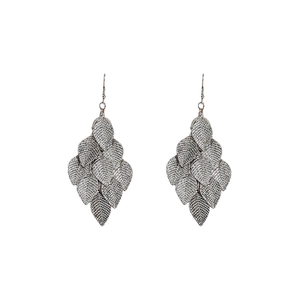 Silver layered leaf earrings with metallic texture in a fashionable tassel design