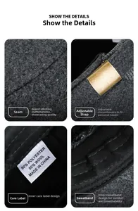 Detail of wool blend flat cap featuring adjustable bronze buckle and premium stitching