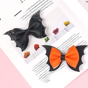 Halloween glitter bat wing hair clips for girls with orange and black leather bows