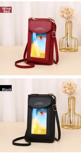 Detail showing litchi grain leather touch screen phone bags in wine red and black colors