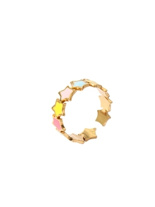 Detailed macro view of 18k gold plated adjustable star ring with colorful enamel inlay