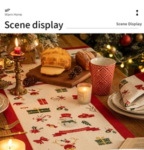 Detailed weave of Happy Holidays Christmas table runner with snowman and deer patterns