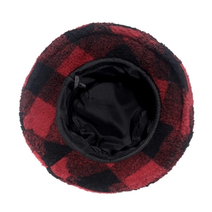 Detail of red and black buffalo plaid fleece bucket hat showing inner lining and drawstring